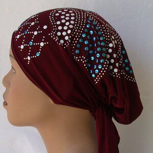 BURGUNDY Pre-Tied Stud Chemo Cap Slip On Bonnet Hijab Undercap # 1